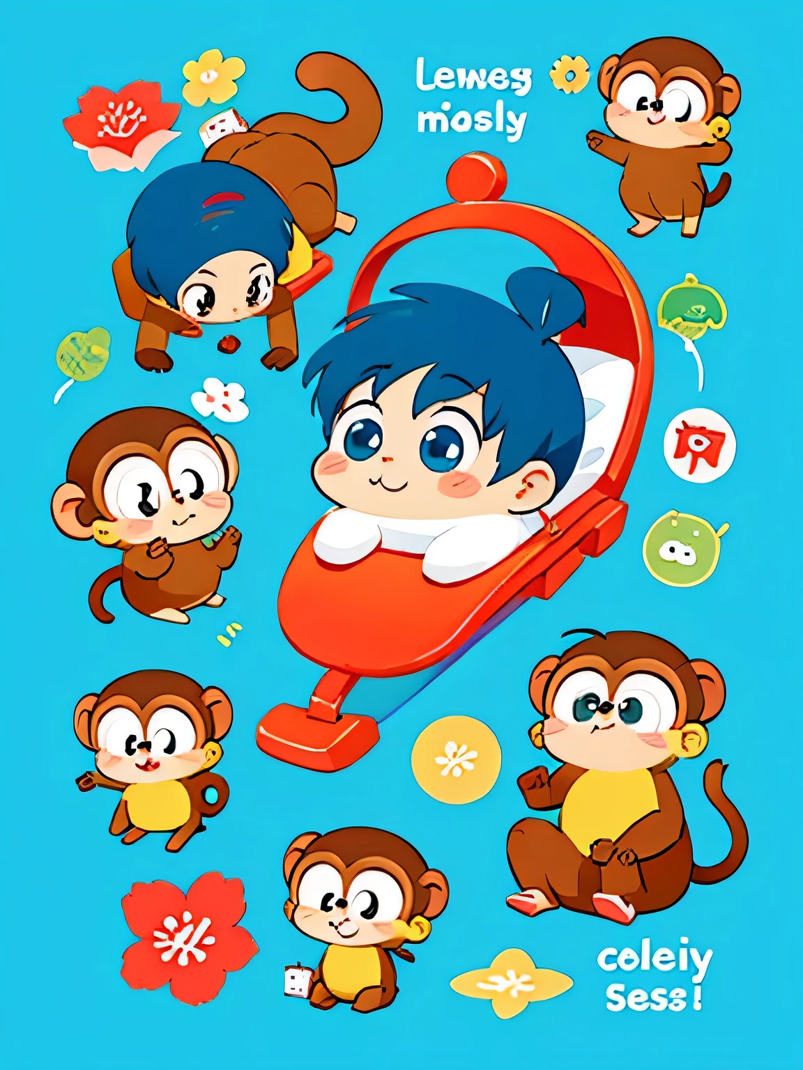 Theodor Seuss Geisel style, Kawaii Design, chibi, cute monkey