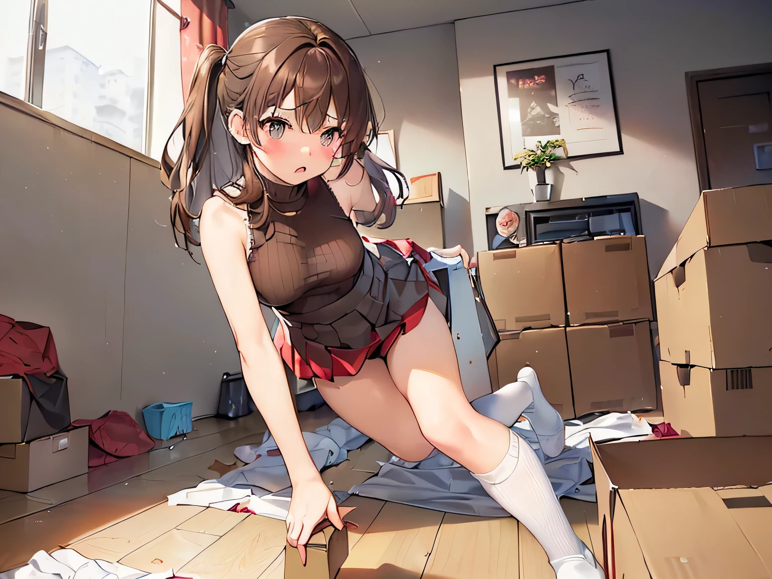(Masterpiece, highest quality, high resolution, realistic photos, realistic looking skin:1.1),
(Woman is caught in a moving load and falls on her behind:1.8),
(She is falling and her panties are fully visible: 1.8),
(She looks surprised and startled:1.5),
(She is wearing a white sleeveless turtleneck knit: 1.5),
(She is wearing a gray pleated mini-skirt:1.5),
(She is wearing white high socks: 1.5),
(panties are red with a pattern: 1.5),
(She has medium brown hair: 1.5),
(Location is a moving room in an apartment with cardboard boxes scattered around the room:1.5),
1 Japanese girl, solo, full bodied esbian, beautiful eyes, glowing eyes, glowing thighs, NSFW