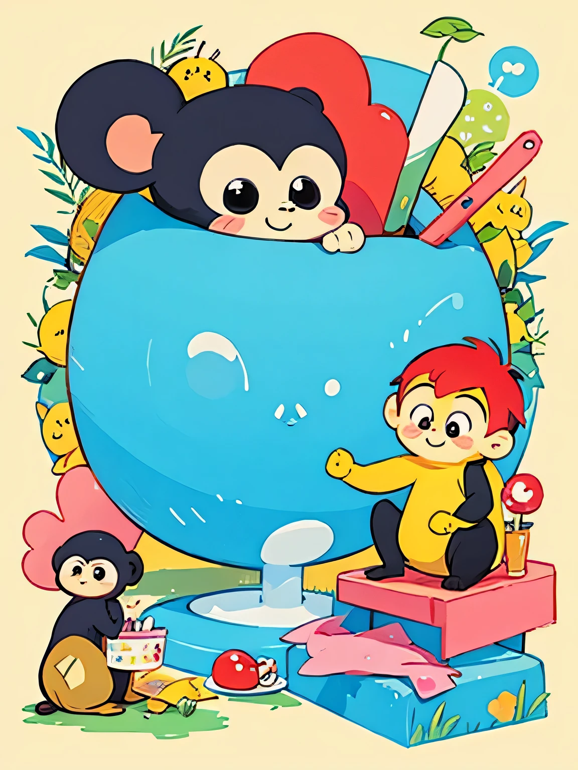 Theodor Seuss Geisel style, Kawaii Design, chibi, cute monkey