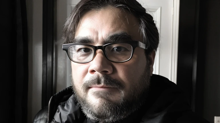 (young), Pop Art Theme、Bearded man wearing glasses. (Black and White), Artistic, ennui, Inorganic, Monochrome, sorrow, desolate, far-reaching, Shadow, silence, contrast, Vivid, 陰Shadow, Decadence, Mysterious, Creepy, Sadness, Mysterious, Black and White, Silence, dark, secret, Heavy, Lonely, melancholy, abyss, soul, transaction, Contrast, silhouette, emptiness,