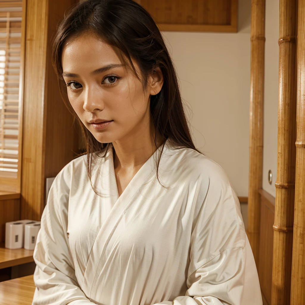 Female supermodel. White Kimono. Bamboo. Study room. Close-up.