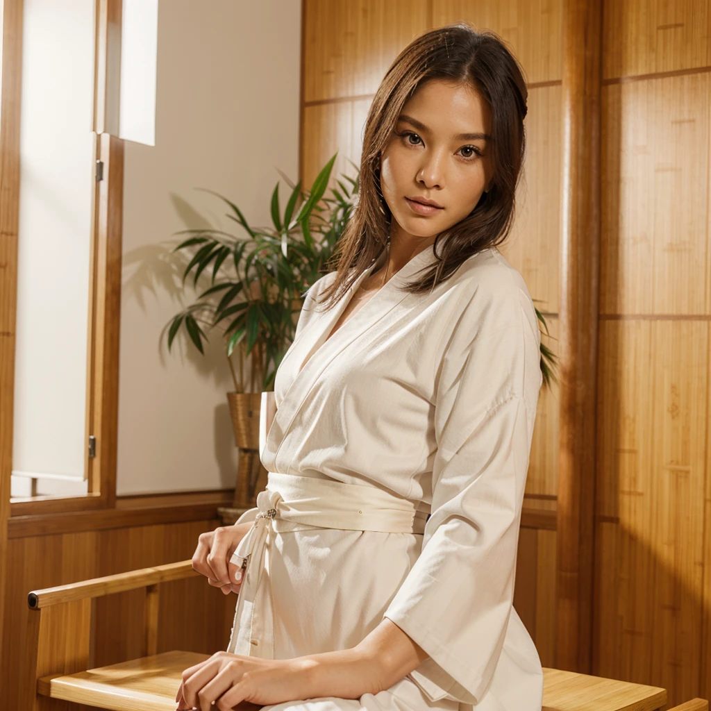 Female supermodel. White Kimono. Bamboo. Study room. Close-up.