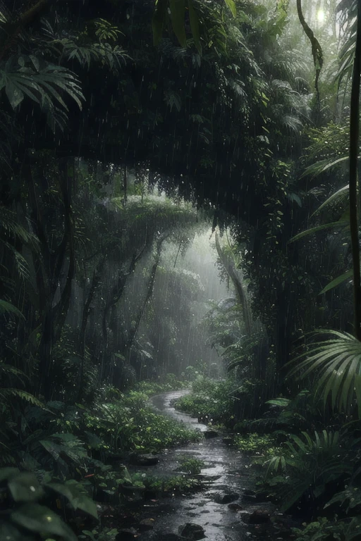 A jungle, with intense rainfall, monochromatic, vines all around, giant and wet trees, masterpiece, best quality, high quality, extremely detailed CG unity 8k wallpaper, oil paiting, award winning photography, Bokeh, Depth of Field, HDR, bloom, Chromatic Aberration ,Photorealistic,extremely detailed, trending on artstation, trending on CGsociety, Intricate, High Detail, dramatic, art by midjourney, volumetric lighting