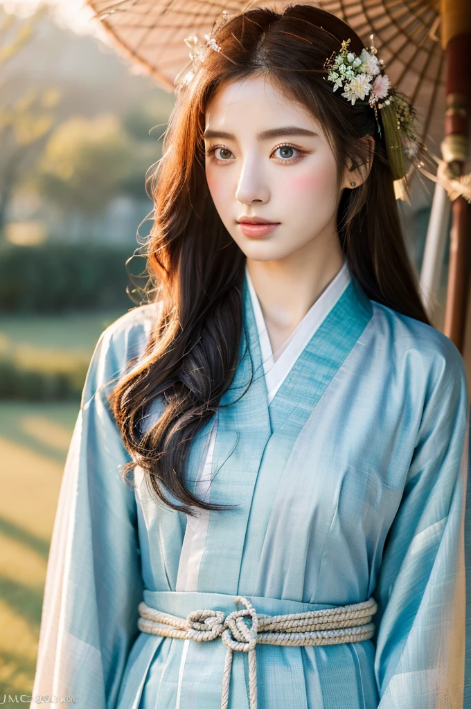 ( masterpiece, top quality, best quality,8k,years old girl,ultra detailed,raw photo:1.5),(photorealistic:1.4), (cinematic lighting), PerfectNwsjMajic, , Surrealism, UHD, ccurate, Super detail, textured skin, High detail, Best quality, dynamic angle, White skin,[Beautiful blue eyes], high nose,(1girl),(good anatomy:0.5)), Dreamy atmosphere,expressive brush strokes, mystical ambiance, Artistic interpretation, a whimsical illustration, Subtle colors and tones, mystical aura, Woman wearing traditional Korean costume,(hanbok:1.3), Joseon dynasty, jeogori,chima,and the po,portrait,(long straight hair:1.5), flower,warm sun, The background has an ancient Korean wooden house 