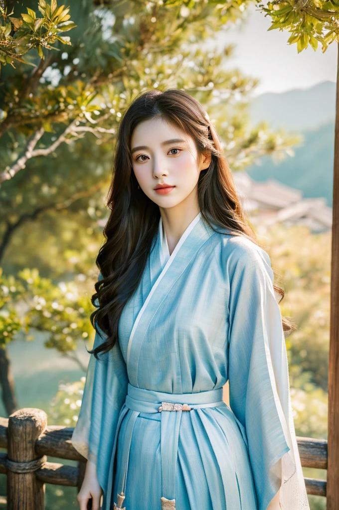 ( masterpiece, top quality, best quality,8k,years old girl,ultra detailed,raw photo:1.5),(photorealistic:1.4), (cinematic lighting), PerfectNwsjMajic, , Surrealism, UHD, ccurate, Super detail, textured skin, High detail, Best quality, dynamic angle, White skin,[Beautiful blue eyes], high nose,(1girl),(good anatomy:0.5)), Dreamy atmosphere,expressive brush strokes, mystical ambiance, Artistic interpretation, a whimsical illustration, Subtle colors and tones, mystical aura, Woman wearing traditional Korean costume,(hanbok:1.3), Joseon dynasty, jeogori,chima,and the po,portrait,(long straight hair:1.5), flower,warm sun, The background has an ancient Korean wooden house 