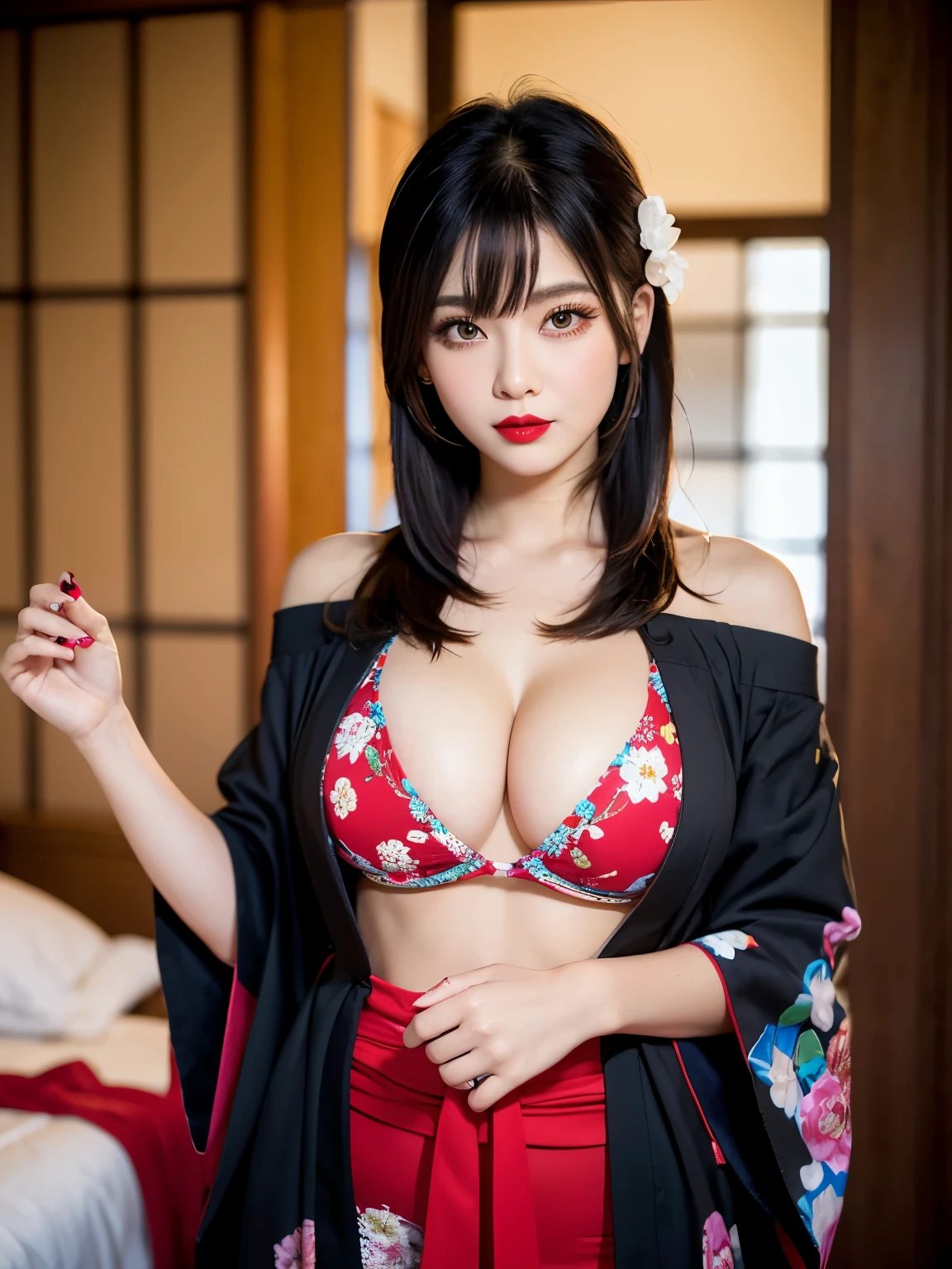 masterpiece, best quality, highres, 4k, 8k, ultra detailed, absurdres, vivid contrast, vibrant colors, full body,1girl, black hair, japanese clothes, solo, kimono, undressing, tits, long hair, makeup, braless, cleavage, hair ornament, arms under breasts, no bra, red eyes, skinny, floral print, looking at viewer, red lips, open clothing, lipstick, black kimono, flower, fingernails,  floating hair, upper body, off shoulder, eyeshadow、valley、taking off kimono, big breasts、flowers in background, cleavage cleavage cleavage, big tits, thin, tight clothing, g-cup breasts, no bra