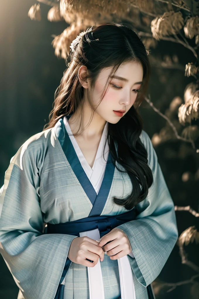 ( masterpiece, top quality, best quality,8k,years old girl,ultra detailed,raw photo:1.5),(photorealistic:1.4), (cinematic lighting), PerfectNwsjMajic, , Surrealism, UHD, ccurate, Super detail, textured skin, High detail, Best quality, dynamic angle, White skin,[Beautiful blue eyes], high nose,(1girl),(good anatomy:0.5)), Dreamy atmosphere,expressive brush strokes, mystical ambiance, Artistic interpretation, a whimsical illustration,dark, Subtle colors and tones, mystical aura, Woman wearing traditional Korean costume,(hanbok:1.3), Joseon dynasty, jeogori,chima,and the po,portrait, assassin, small knife, strong 
