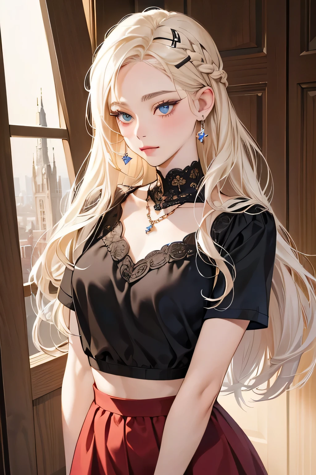 (extreamly delicate and beautiful:1.2), 8K,(masterpiece:1.0),(best_quality:1.0), 1 girl,model and intricate detailing, Enlarged textures, and intricate detailing, finely eye and detailed face, and intricate detailing, shiraga, platinum blonde curls long hair, (closed mouths), Perfect eyes, Equal eyes, carolina eyes (A famale god) with black polo croptee croptop short sleeved shirt and red short skirt, carolina eyes perfect, perfect, earing, hairpin, perfect body, sexy body, carolina blue perfect eyes, lips nude, necklace, little blush on nude, braid hair, look at camera