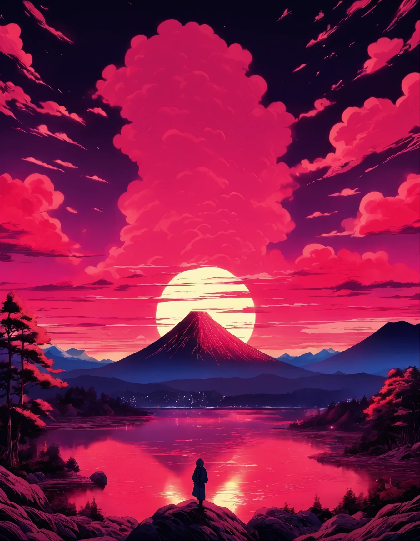 a poster of a red sky with clouds and a mountain in the background, charles burns, red clouds, by Eric Dinyer, red stormy sky, by Craig Thompson, the artist is charles burns, by Yoshio Markino, by Ed Emshwiller, ) ominous vibes, by Justin Gerard, beautiful high contrast woodcut, by Eric Auld