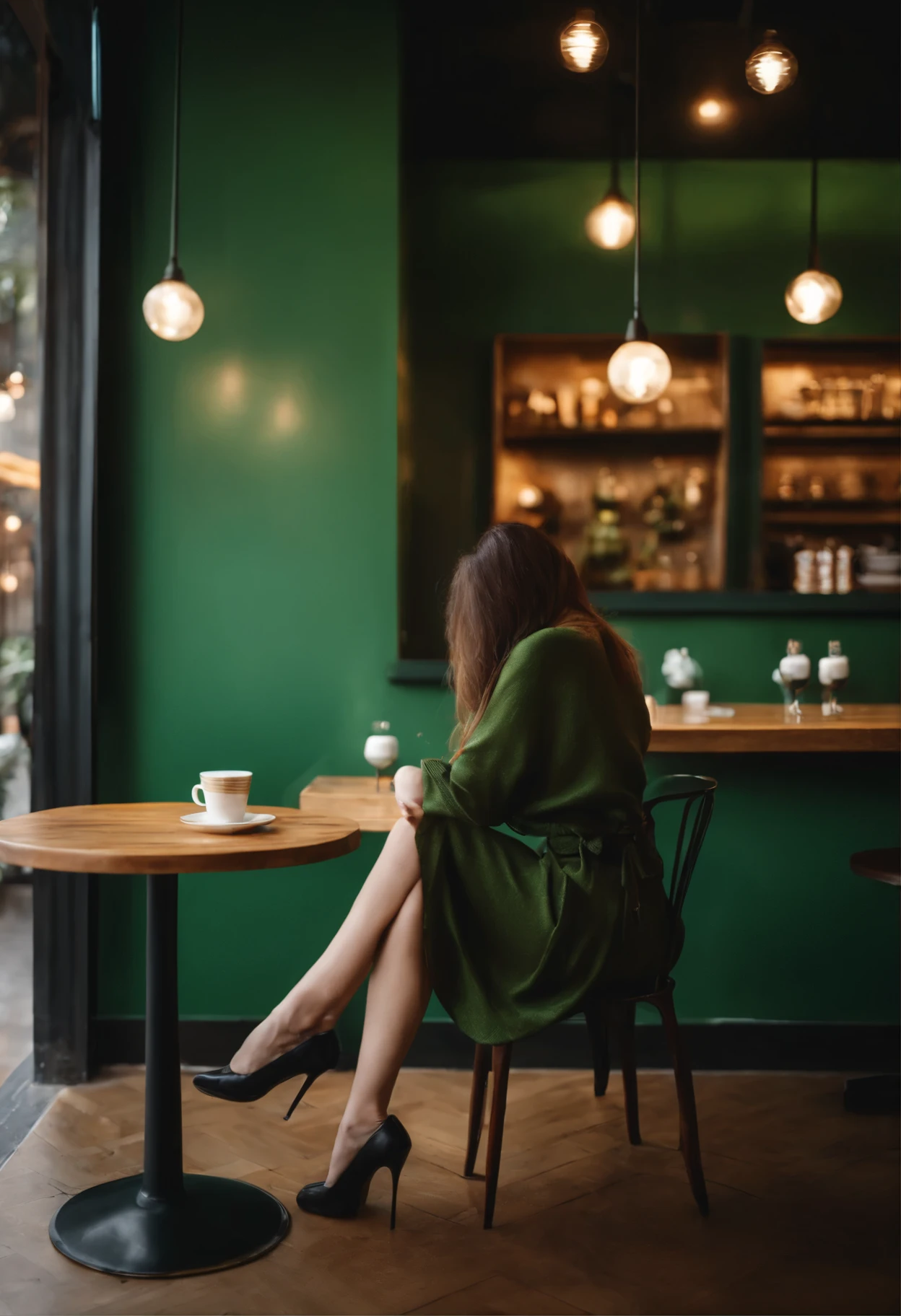 Green background coffee Stylish Cafe Cafeで仕事 Back view high resolution Legs crossed