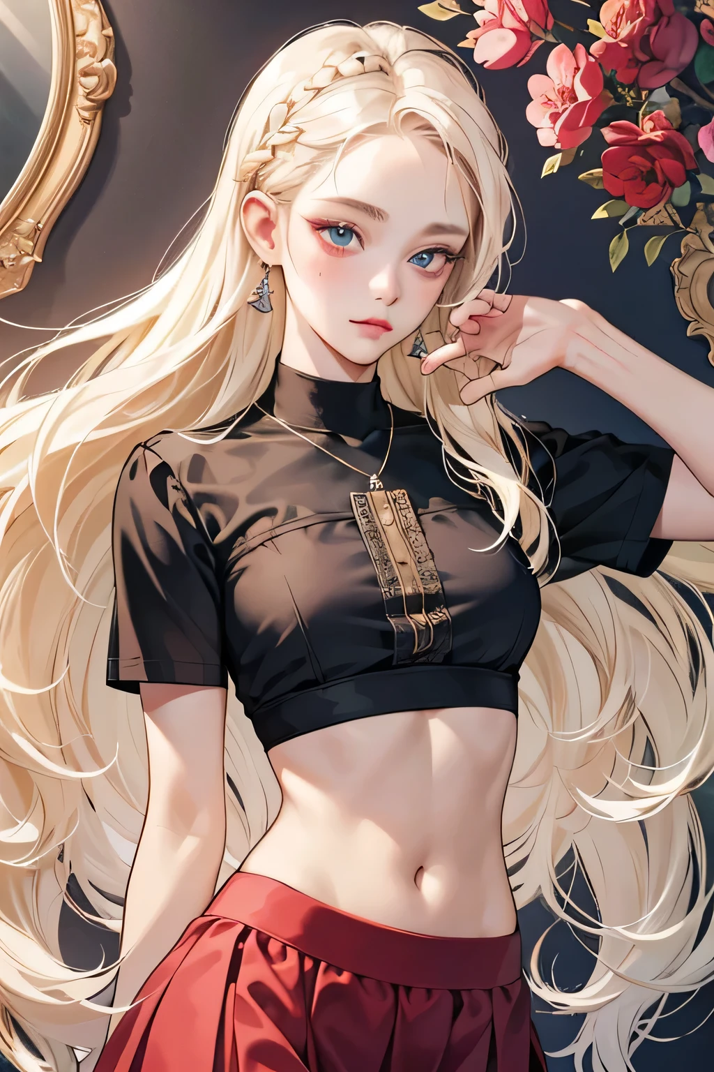 (extreamly delicate and beautiful:1.2), 8K,(masterpiece:1.0),(best_quality:1.0), 1 girl,model and intricate detailing, Enlarged textures, and intricate detailing, finely eye and detailed face, and intricate detailing, shiraga, platinum blonde curls long hair, (closed mouths), Perfect eyes, Equal eyes, carolina eyes (A famale god) with black polo croptee croptop short sleeved shirt and red short skirt, carolina eyes perfect, perfect, earing, hairpin, perfect body, sexy body, carolina blue perfect eyes, lips nude, necklace, little blush on nude, braid hair, look at camera