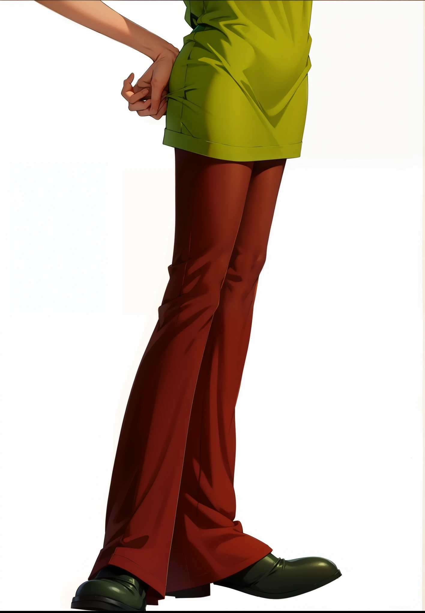 Salsicha, Scooby doo, extremamente realista, muito bonito, roupas realistas, corpo inteiro, calca boca de sino, Camiseta verde, cabelo ruivo, magro