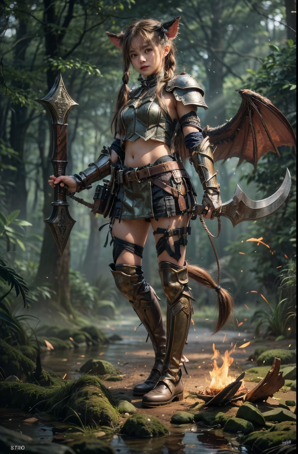 (best quality,4k,8k,highres,masterpiece:1.2), ultra-detailed, (realistic,photorealistic,photo-realistic:1.37), goblin-and-orc-half, extremely cute girl, 16 years old, twintails, sweating skin, intense gaze, leather armor, axe, full body shot,