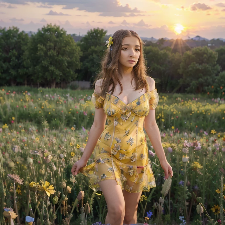 A lovely woman in a sheer yellow floral print summer dress plays in a field of poppy flowers at sunset