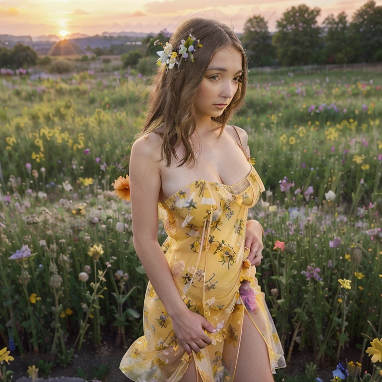 A lovely woman in a sheer yellow floral print summer dress plays in a field of poppy flowers at sunset