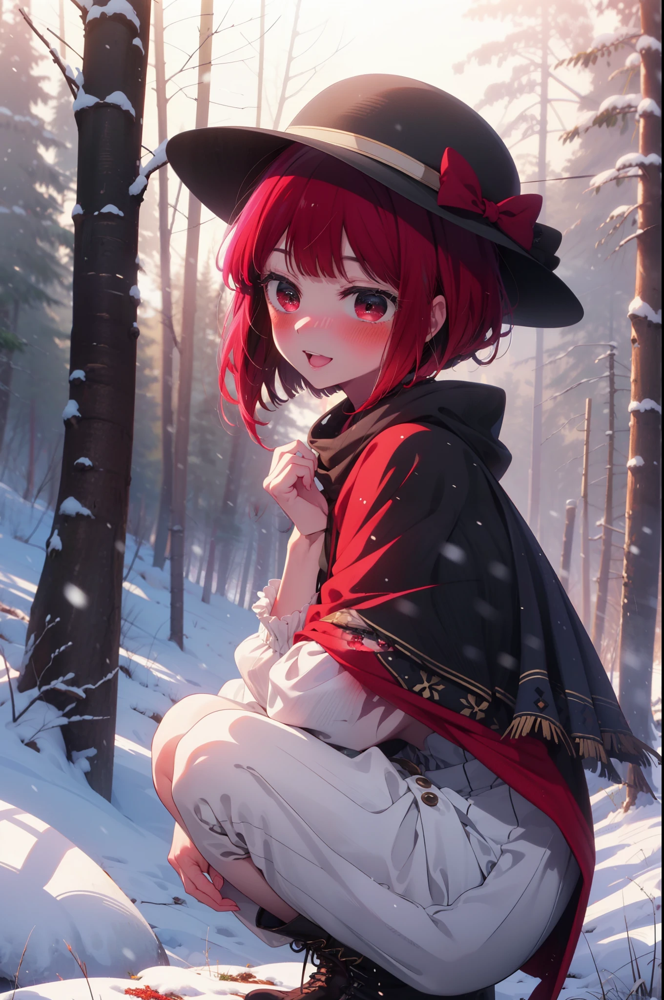 canary, Arima etc., short hair, bangs, (Red eyes:1.3), Redhead, Bobcut, smile,Small breasts,
break hat, dress, ribbon,hair band,smile,blush,White Breath,
Open your mouth,snow,Ground bonfire, Outdoor, boots, snowing, From the side, wood, suitcase, Cape, Blurred, , forest, White handbag, nature,  Squat, Mouth closed, Cape, winter, Written boundary depth, Black shoes, red Cape break looking at viewer, Upper Body, whole body, break Outdoor, forest, nature, break (masterpiece:1.2), highest quality, High resolution, unity 8k wallpaper, (shape:0.8), (Beautiful and beautiful eyes:1.6), Highly detailed face, Perfect lighting, Extremely detailed CG, (Perfect hands, Perfect Anatomy),