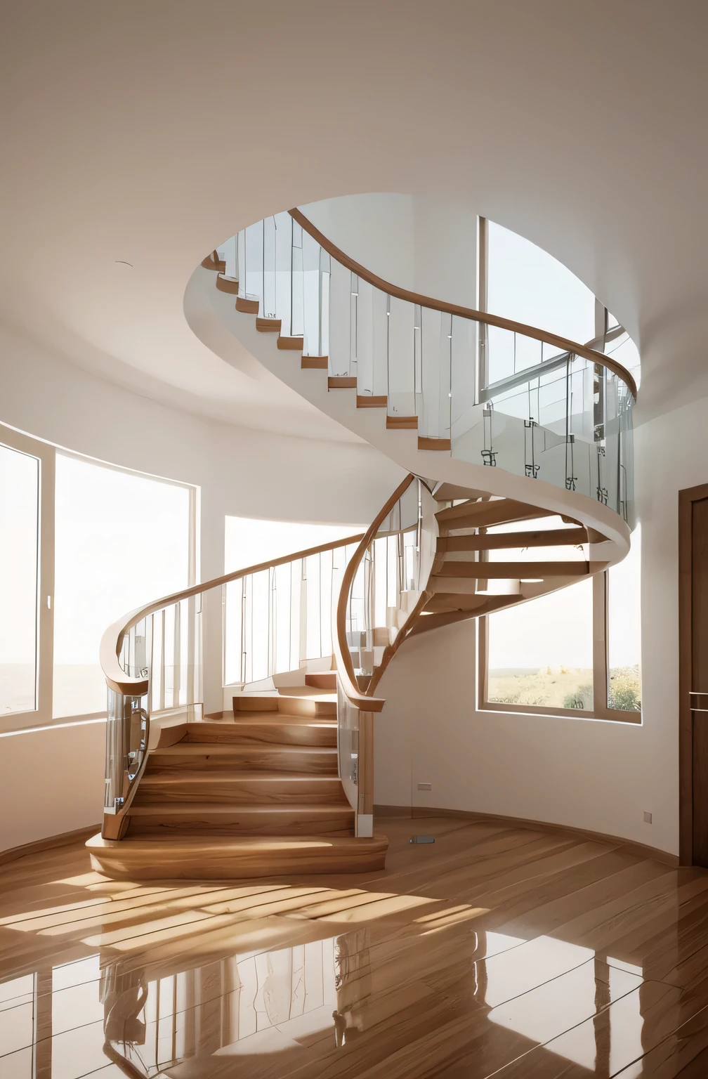 Professional 3d architecture rendering design of modern and minimal villa.the grand curved staircase is a stunning fashion of wood and glass