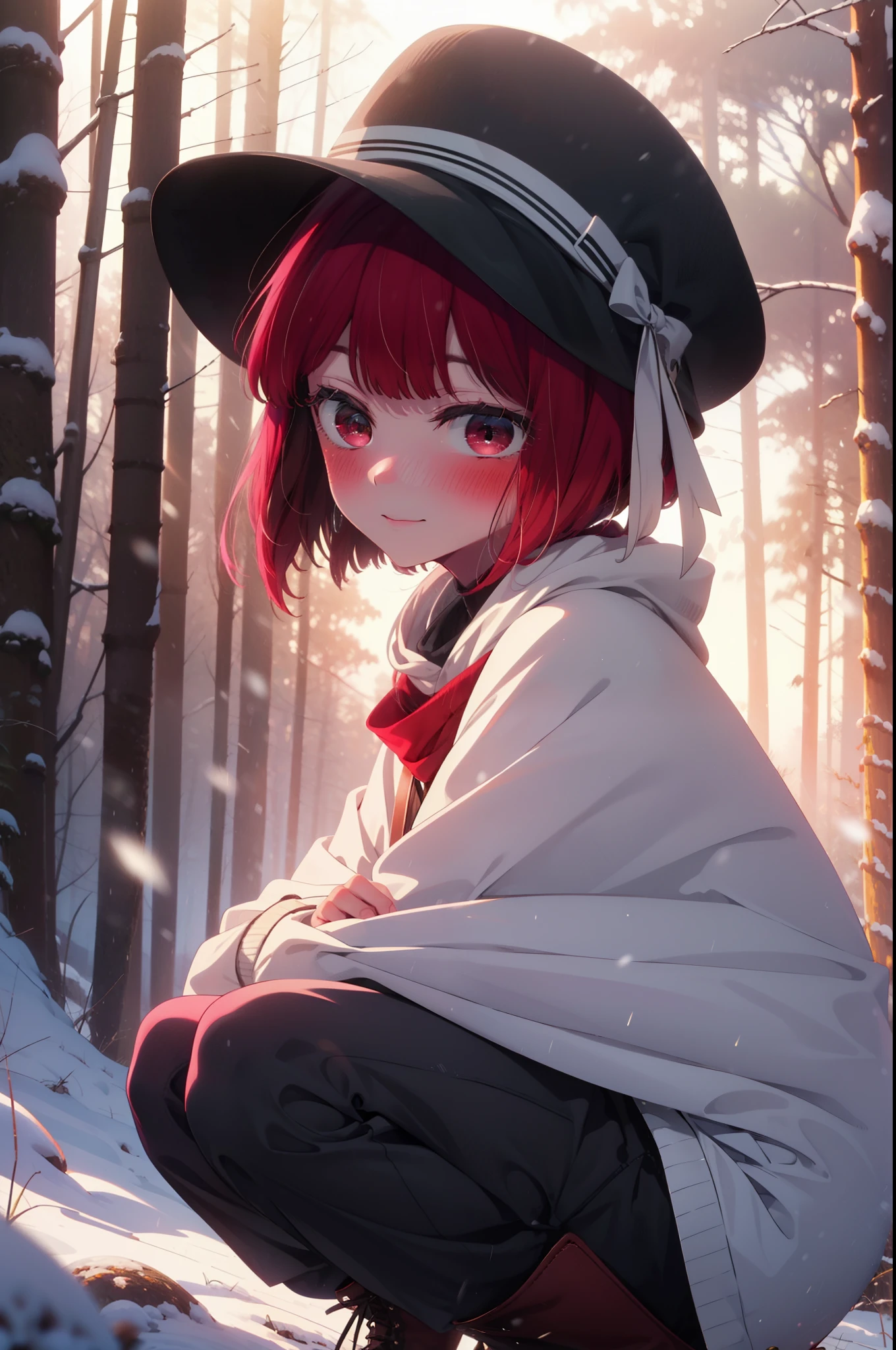 canary, Arima etc., short hair, bangs, (Red eyes:1.3), Redhead, Bobcut, smile,Small breasts,
break hat, dress, ribbon,hair band,smile,blush,White Breath,
Open your mouth,snow,Ground bonfire, Outdoor, boots, snowing, From the side, wood, suitcase, Cape, Blurred, , forest, White handbag, nature, Squat, Mouth closed, Cape, winter, Written boundary depth, Black shoes, red Cape break looking at viewer, Upper Body, whole body, break Outdoor, forest, nature, break (masterpiece:1.2), highest quality, High resolution, unity 8k wallpaper, (shape:0.8), (Beautiful and beautiful eyes:1.6), Highly detailed face, Perfect lighting, Extremely detailed CG, (Perfect hands, Perfect Anatomy),
