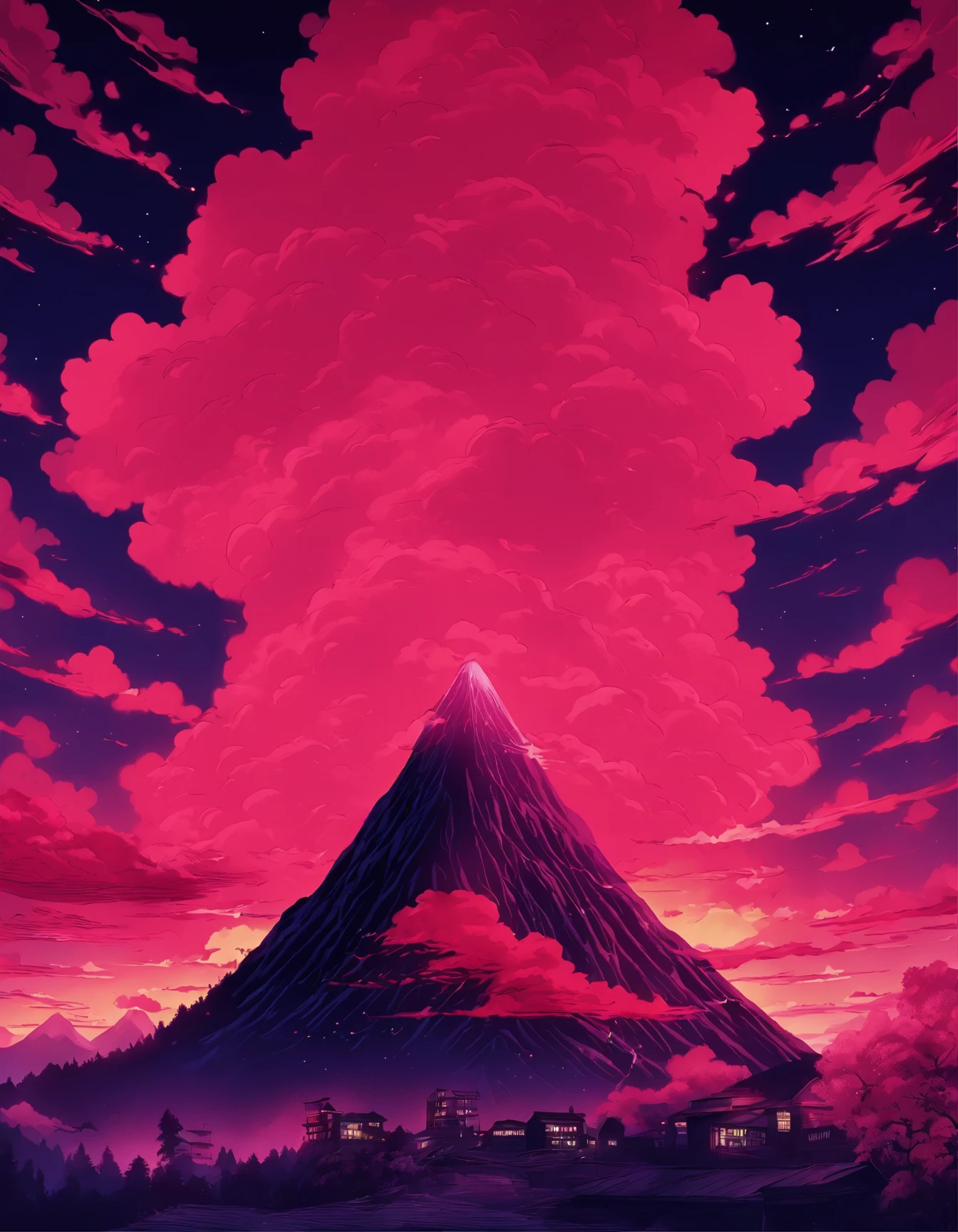 a poster of a red sky with clouds and a mountain in the background, a woodcut by Eric Dinyer, tumblr, nuclear art, charles burns, red clouds, red stormy sky, the artist is charles burns, ) ominous vibes, beautiful high contrast woodcut, brutal shapes stormy sky, victo ngai! muted colors, red skies