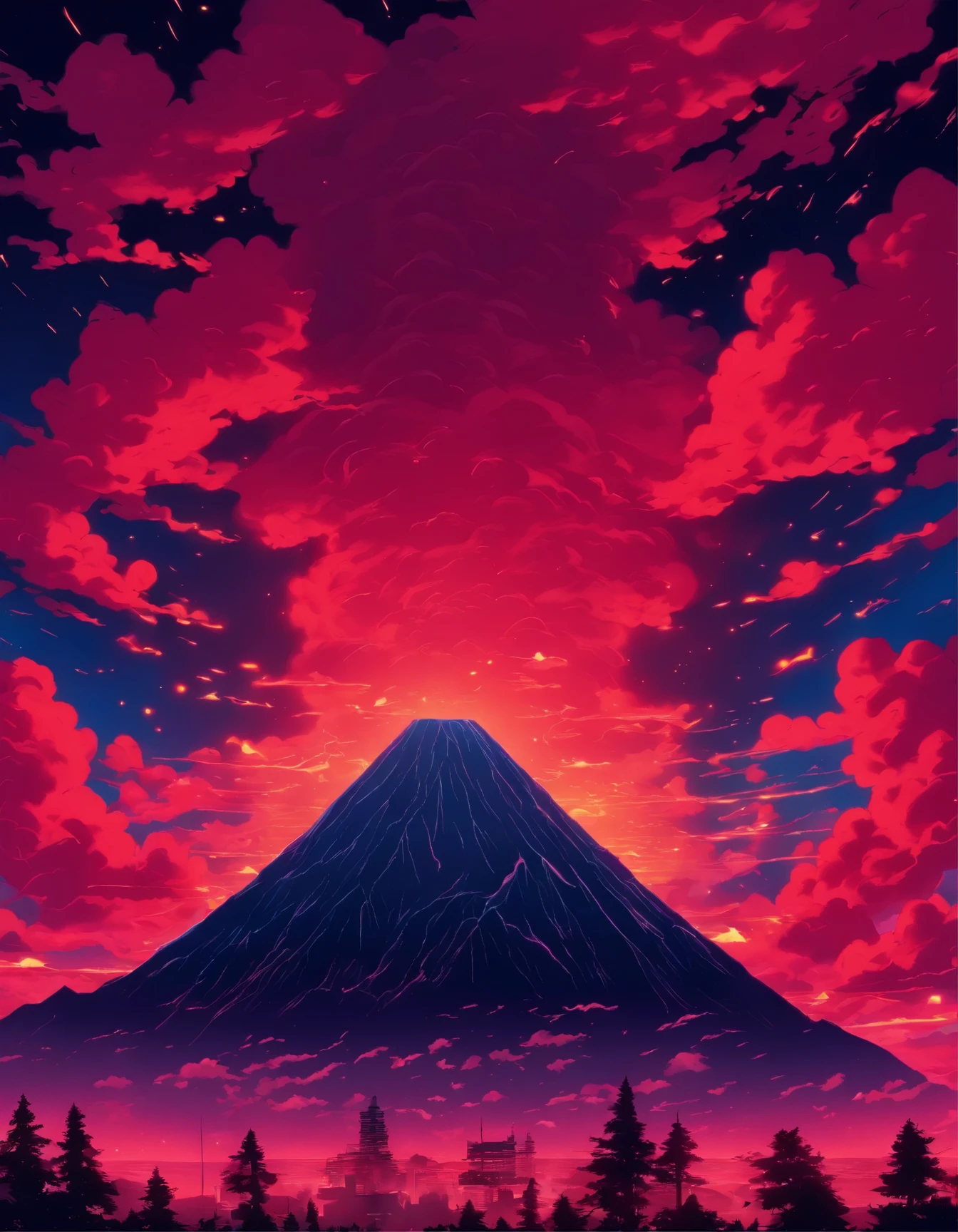 a poster of a red sky with clouds and a mountain in the background, a woodcut by Eric Dinyer, tumblr, nuclear art, charles burns, red clouds, red stormy sky, the artist is charles burns, ) ominous vibes, beautiful high contrast woodcut, brutal shapes stormy sky, victo ngai! muted colors, red skies