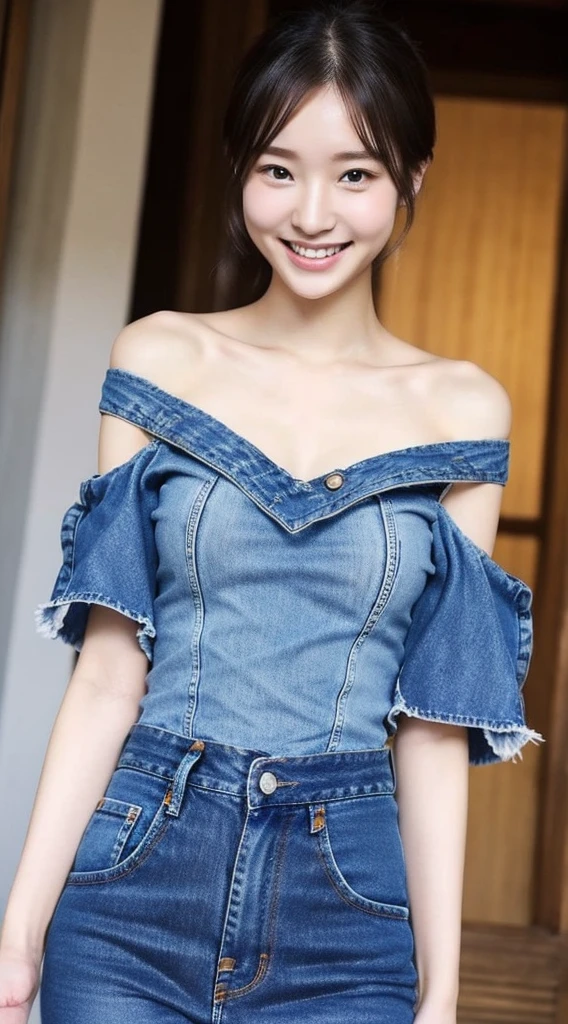 Photo Finish、slender、kawaii、Japan Beauty、smiling slightly、Fine skin、Thin denim off-shoulder、Very small underwear、realphoto、Cinematic light、Clothes are taken off、Very cute face、Finger bite、Wear light clothing to the limit、