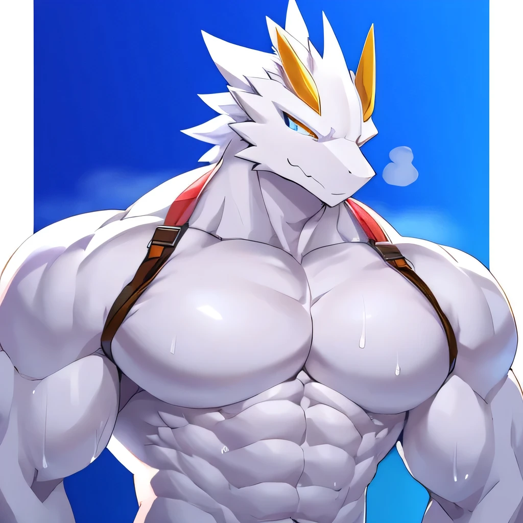 Thin macho　white dragon　　abs　　　　Hollow abs　　　thick arms　　　chest rig　　　、sweaty　　　skin glow　　profile　　Wearily　short of breath　　clenching one&#39;s back teeth　　Knees on the floor　　rubber suit