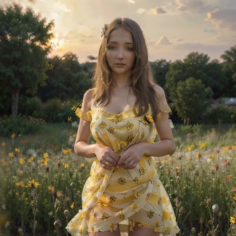 (best quality,realistic:1.2),lovely woman,field of poppy flowers,sheer yellow floral print summer dress,sunset,play,joy,beauty,harmony,portrait,soft lighting,vibrant colors