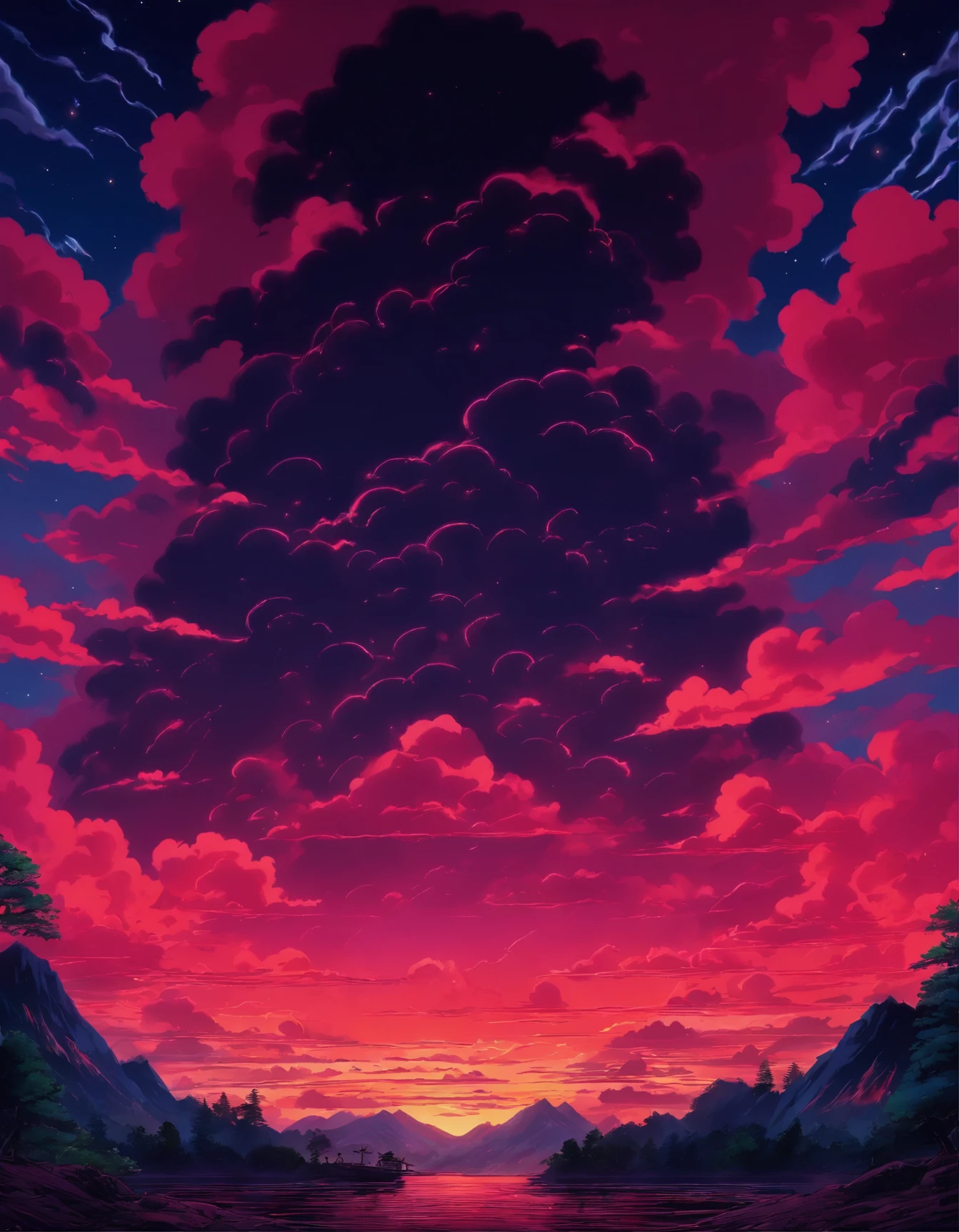 a poster of a red sky with clouds and a mountain in the background, a woodcut by Eric Dinyer, tumblr, nuclear art, charles burns, red clouds, red stormy sky, the artist is charles burns, ) ominous vibes, beautiful high contrast woodcut, brutal shapes stormy sky, victo ngai! muted colors, red skies