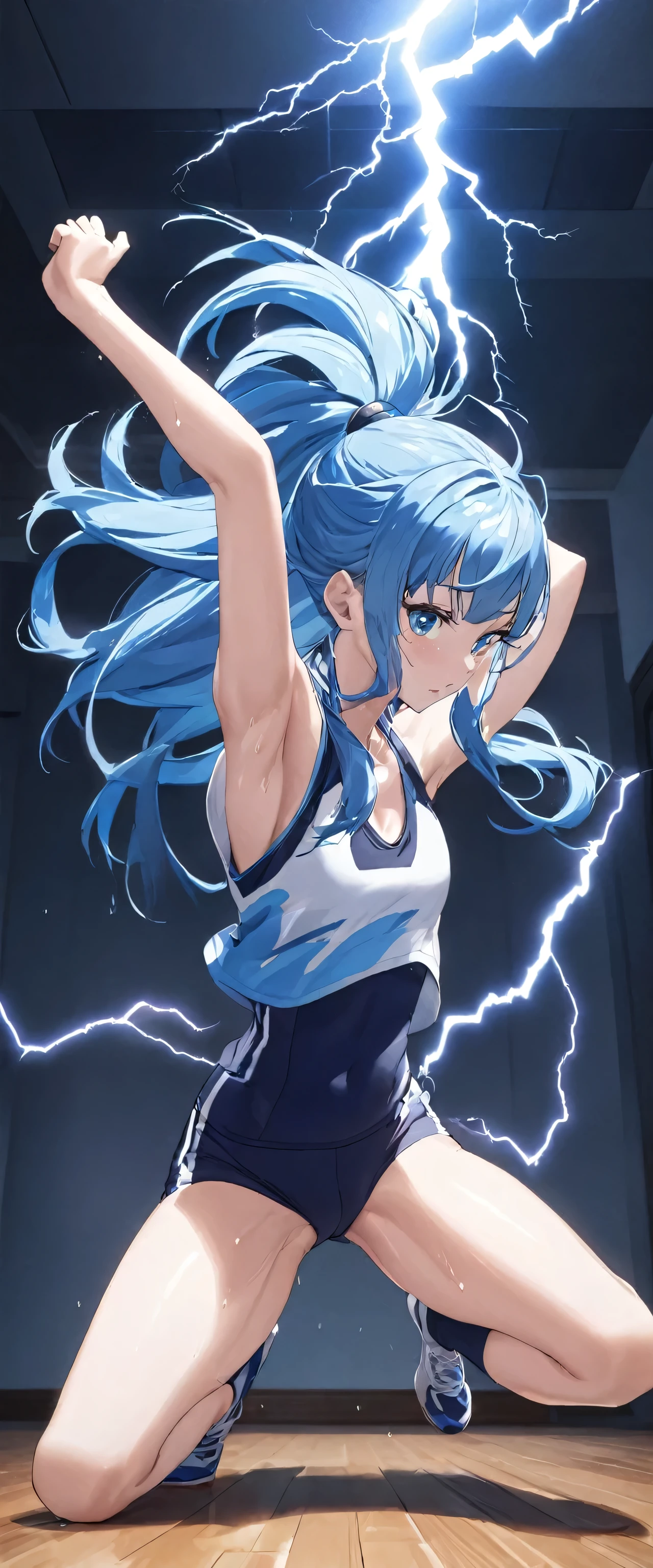 low-angle (Abdominal exercises style), (high kicking with lightning:1.3 effect), ((sweaty skin)) (solo forehead blue hair long hair lovely girl, 15 yo, lovely blue eyes, serious face), (in a Training wear), BREAK, (in the night room), perfect anatomy, masterpiece, best quality, 16k.