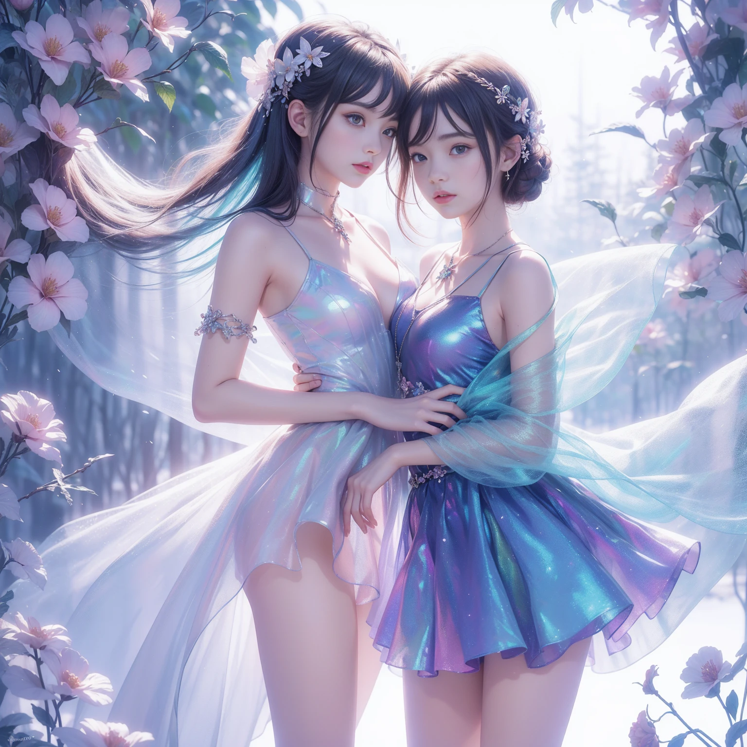 couple up with cryptic girl & explore dimensions, (((twin girl)),mini skirt,Iridescent colors,(Flower Fairy),(Rich colors),spring,Arthur effect, Transparent body, Gradient translucent glass melt, Caustics, Clear glass texture, Iridescent colors, design:Dietrams, Simple, Shining in every detail, White background, industrial design, Studio Lighting, c4d, OC Renderer, Beautiful shadows, 4K