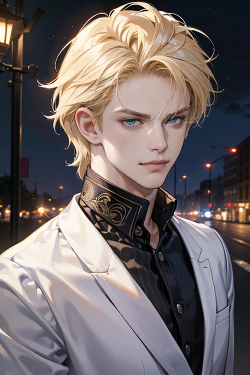 (tmasterpiece, high resolution, ultra - detailed:1.0), (1 boy, Young male, masculine face), Perfect male body, tall and strong, Adult male, Delicate eyes and delicate face, Extremely detailed CG, Unity 8k wallpaper, Complicated details, Detailed face, (blond hair, messy hair, serious faces, white shirts,Bad students), (frown,evil smile:1.3), Outdoor, (Street at night), street style, color difference, Depth of field, dramatic shadow, Ray tracing, Best quality, Cinematic lighting, offcial art,Portrait