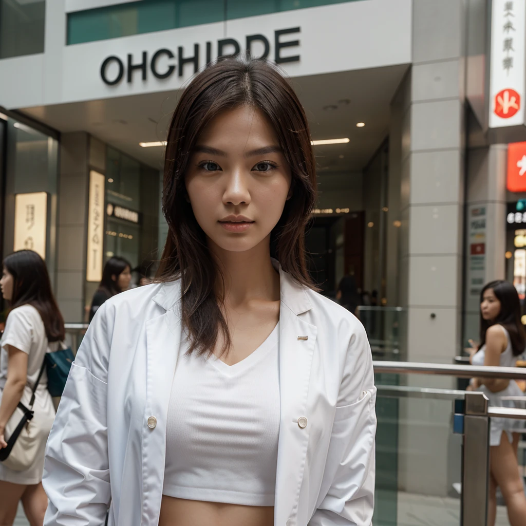 Female supermodel. Singapore Chinese. Orchard Road, Singapore. White doctor coat. White shirt. Close-up.