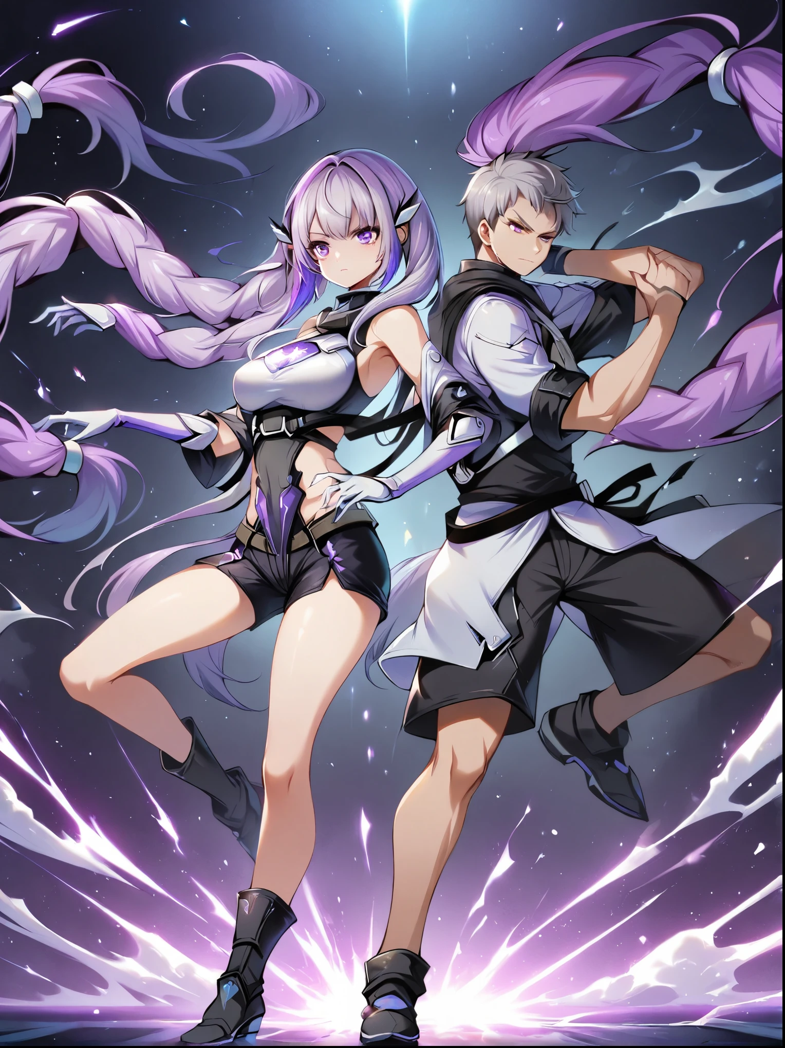 1girl，1boy，Back to Back，Fight alongside，Purple Hair，Purple Eyes，Very long hair，Gray hair，Double ponytails，White Mech SuitBREAK Black Mech Shorts, panoramic，whole body，The figure is in the center，1yj1