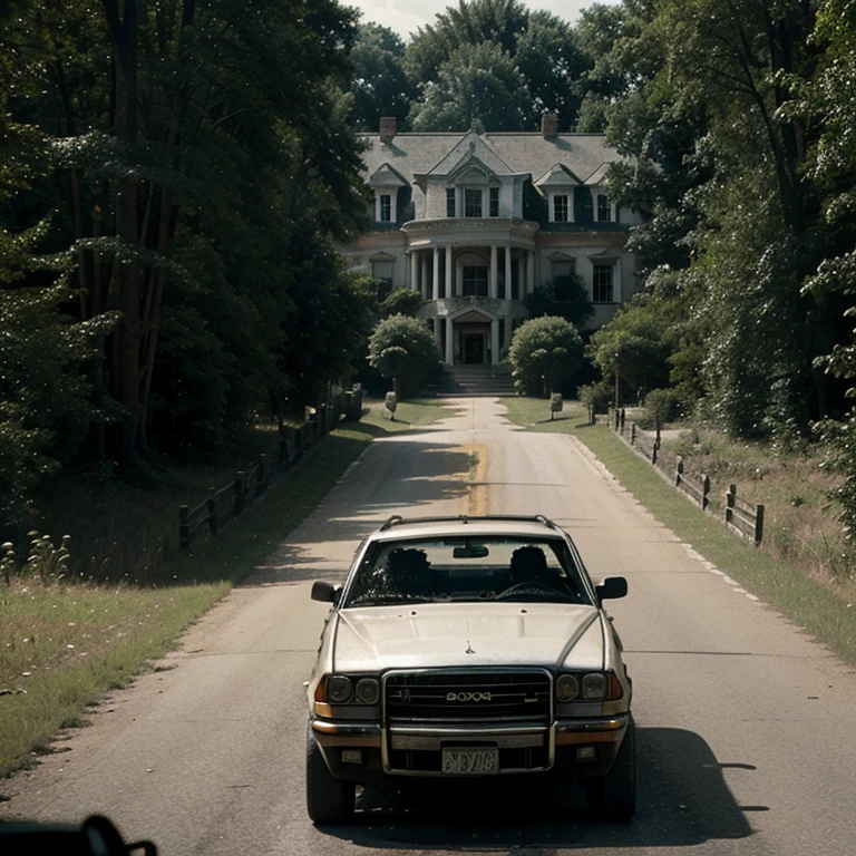 Opening Shot: A group of friends, including Carrie White, driving through a dense forest towards a looming, decrepit mansion.