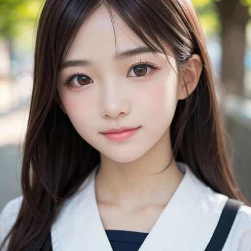 ((Cute 15 year old Japanese))、on the road、Highly detailed face、Pay attention to the details、double eyelid、Beautiful thin nose、Sharp focus:1.2、Beautiful woman:1.4、Cute Hairstyles、Pure white skin、highest quality、masterpiece、Ultra-high resolution、(Realistic:1.4)、Highly detailed and professional lighting、nice smile、Japanese school girl uniform