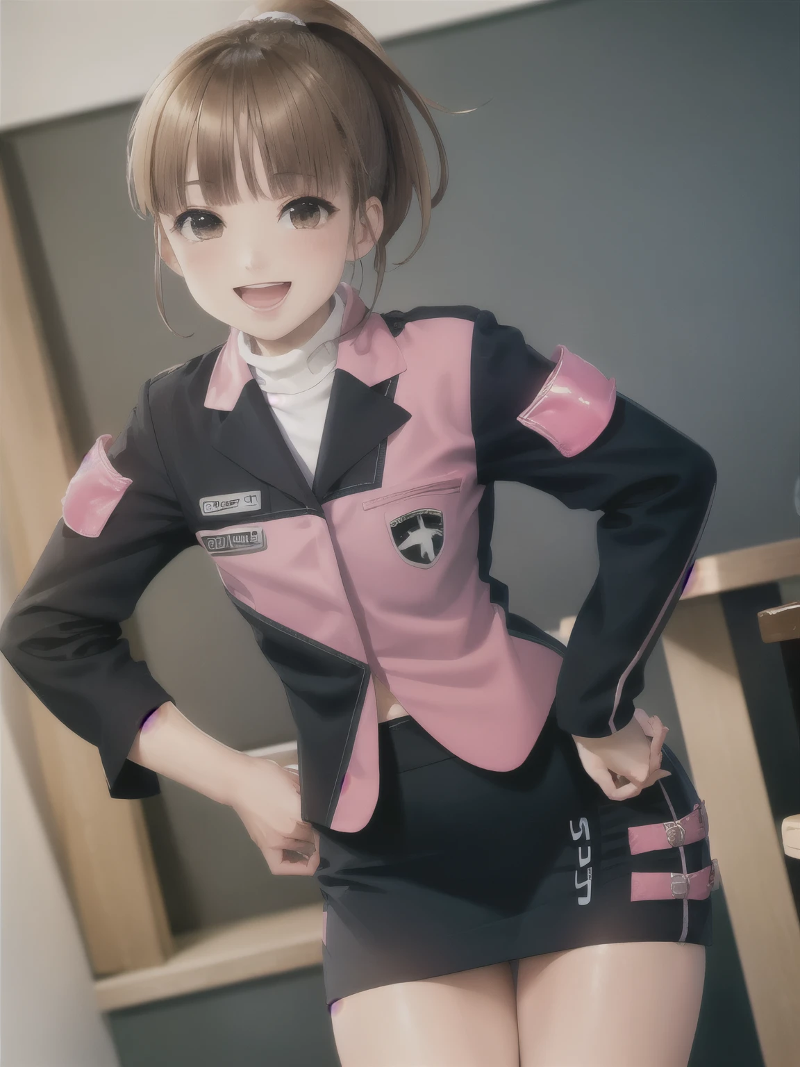 ((masterpiece,highest quality)) (Highly detailed CG), (Ray Tracing) (highest quality), Perfect Face, Shiny skin, Shiny skin, , Depth of written boundary,Wide Hips, Tight waist,  Umeko, Brown Hair, skirt, ponytail, Jacket, boots, pencil skirt, uniform, Brown eyes, Long sleeve, short hair, Black footwear, star (symbol), blush, bangs, Armband,indoor,Hands on hips, :d