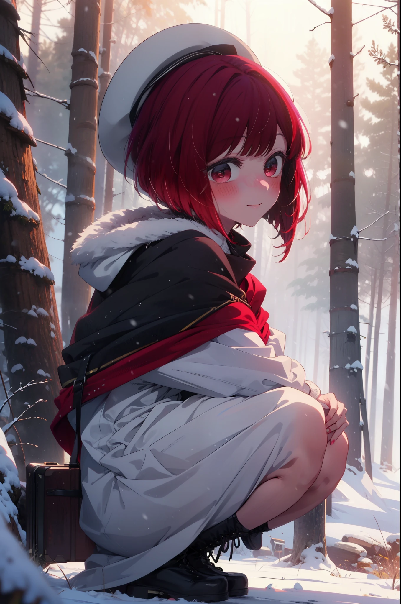 canary, Arima etc.., short hair, bangs, (Red eyes:1.3), Redhead, Bobcut, smile,Small breasts,
break hat, dress, ribbon,hair band,smile,blush,White Breath,
Open your mouth,snow,Ground bonfire, Outdoor, boots, snowing, From the side, wood, suitcase, Cape, Blurred, , forest, White handbag, nature,  Squat, Mouth closed, Cape, winter, Written boundary depth, Black shoes, red Cape break looking at viewer, Upper Body, whole body, break Outdoor, forest, nature, break (masterpiece:1.2), highest quality, High resolution, unity 8k wallpaper, (shape:0.8), (Beautiful and beautiful eyes:1.6), Highly detailed face, Perfect lighting, Highly detailed CG, (Perfect hands, Perfect Anatomy),