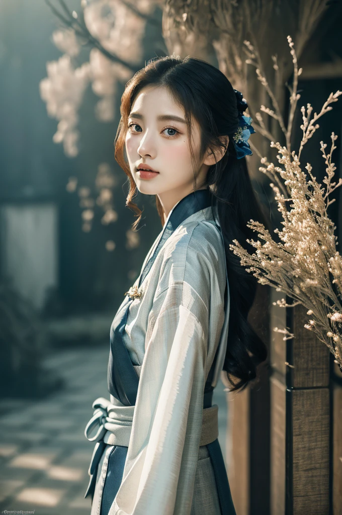 ( masterpiece, top quality, best quality,8k,years old girl,ultra detailed,raw photo:1.5),(photorealistic:1.4), (cinematic lighting), PerfectNwsjMajic, , Surrealism, UHD, ccurate, Super detail, textured skin, High detail, Best quality, dynamic angle, White skin,[Beautiful blue eyes], high nose,(1girl),(good anatomy:0.5)), Dreamy atmosphere,expressive brush strokes, mystical ambiance, Artistic interpretation, a whimsical illustration,dark, Subtle colors and tones, mystical aura, Woman wearing traditional Korean costume,(hanbok:1.3), Joseon dynasty, jeogori,chima,and the po,portrait, assassin, small knife, strong 