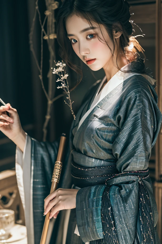( masterpiece, top quality, best quality,8k,years old girl,ultra detailed,raw photo:1.5),(photorealistic:1.4), (cinematic lighting), PerfectNwsjMajic, , Surrealism, UHD, ccurate, Super detail, textured skin, High detail, Best quality, dynamic angle, White skin,[Beautiful blue eyes], high nose,(1girl),(good anatomy:0.5)), Dreamy atmosphere,expressive brush strokes, mystical ambiance, Artistic interpretation, a whimsical illustration,dark, Subtle colors and tones, mystical aura, Woman wearing traditional Korean costume,(hanbok:1.3), Joseon dynasty, jeogori,chima,and the po,portrait, assassin, small knife, strong 