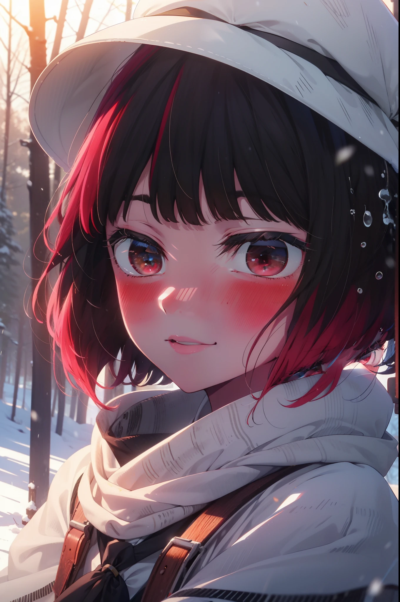 canary, Arima etc.., short hair, bangs, (Red eyes:1.3), Redhead, Bobcut, smile,Small breasts,
break hat, dress, ribbon,hair band,smile,blush,White Breath,
Open your mouth,snow,Ground bonfire, Outdoor, boots, snowing, From the side, wood, suitcase, Cape, Blurred, , forest, White handbag, nature,  Squat, Mouth closed, Cape, winter, Written boundary depth, Black shoes, red Cape break looking at viewer, Upper Body, whole body, break Outdoor, forest, nature, break (masterpiece:1.2), highest quality, High resolution, unity 8k wallpaper, (shape:0.8), (Beautiful and beautiful eyes:1.6), Highly detailed face, Perfect lighting, Highly detailed CG, (Perfect hands, Perfect Anatomy),