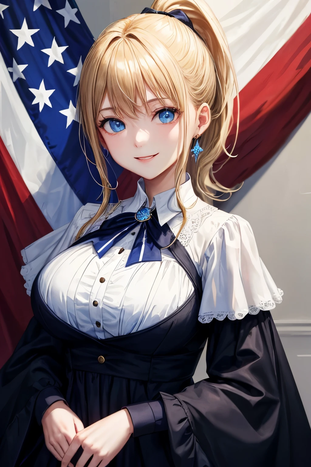 ((highest quality)), ((masterpiece)), (be familiar with), perfect face、8K、Precise、white woman、American nationality、blonde、blue eyes、exposed big breasts、ponytail、(girly dress:1.3)、archaic smile、Glamorous、cinematic, (Complex:1.4), low contrast、A suit that emphasizes large breasts、side lighting, best shadow, special effects, american flag background