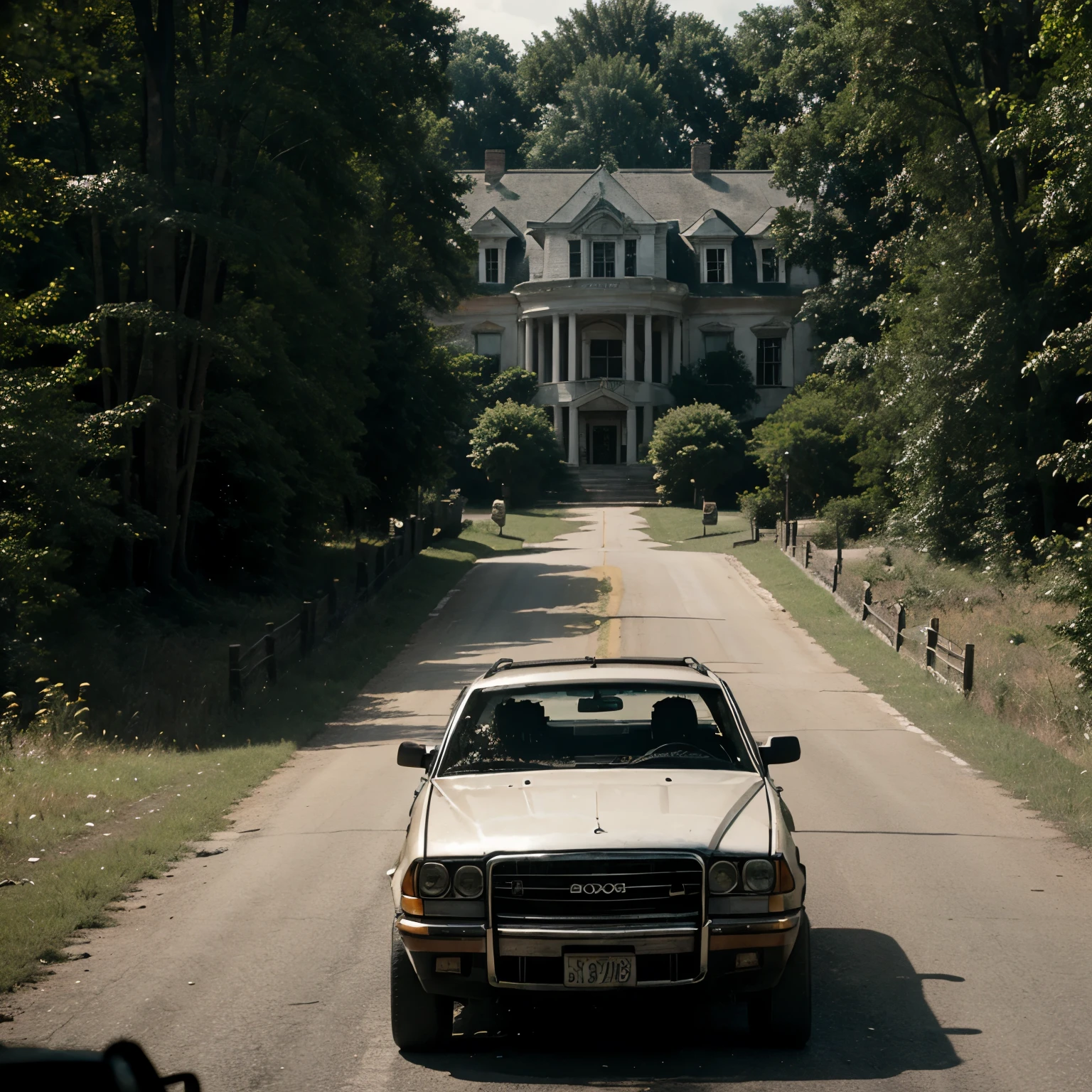 Opening Shot: A group of friends, including Carrie White, driving through a dense forest towards a looming, decrepit mansion.