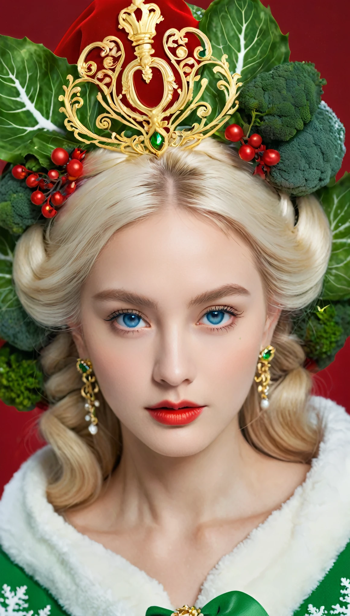 Beautiful portrait of queen, Blonde Hair, Perfect blue eyes, brilliant, impossible striking big Christmas headpiece, Clothes Santa Claus Robe, Everything Christmas, snow, Symmetrical, Drama Studio Lighting, Rococo, Baroque, Green vegetables, Asian, Surrealism, close up, D&D, fantasy, Wheels within wheels, elegant, Very detailed, number, art station, Octane Rendering, 8K, concept art, matte, Clear focus