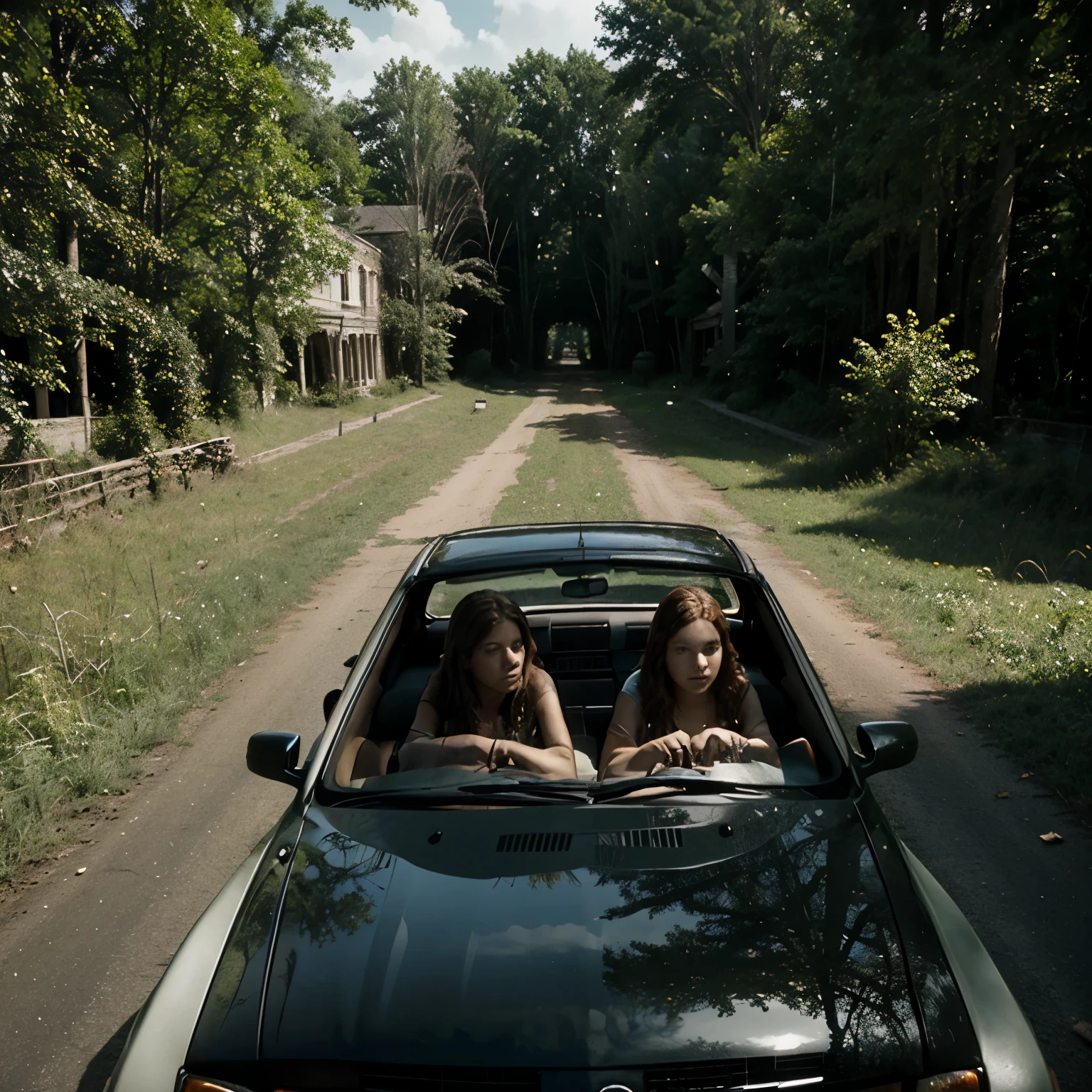 Opening Shot: A group of friends, including Carrie White, driving through a dense forest towards a looming, decrepit mansion.