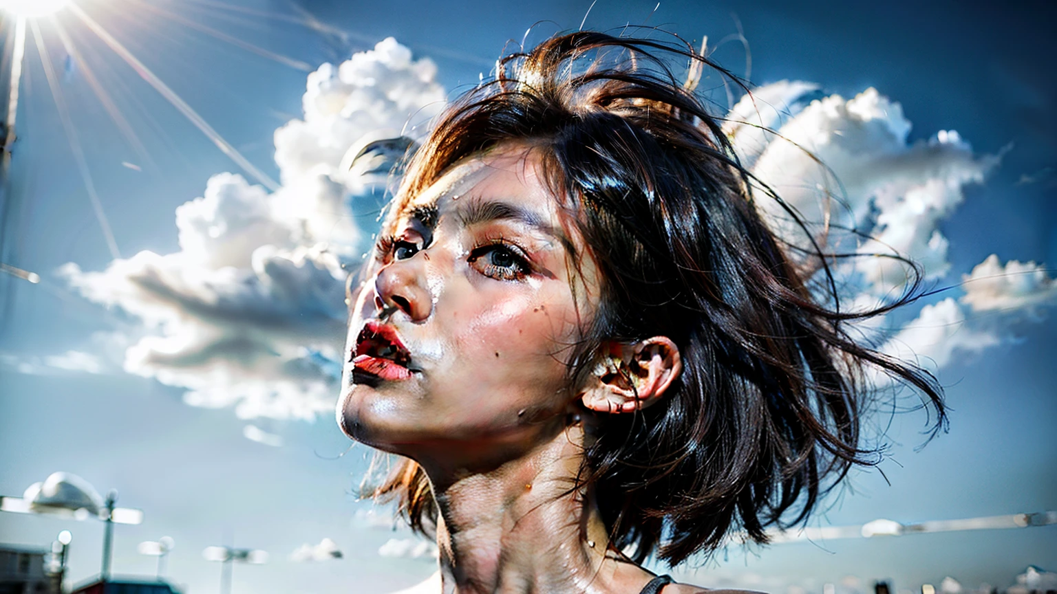 Surrealism, High Detail, movie lighting, Ray Tracing, Perspective, Eye level shooting, Ultra HD, masterpiece, Textured Skin, 4k, Best quality blue sky and white clouds horizontal composition