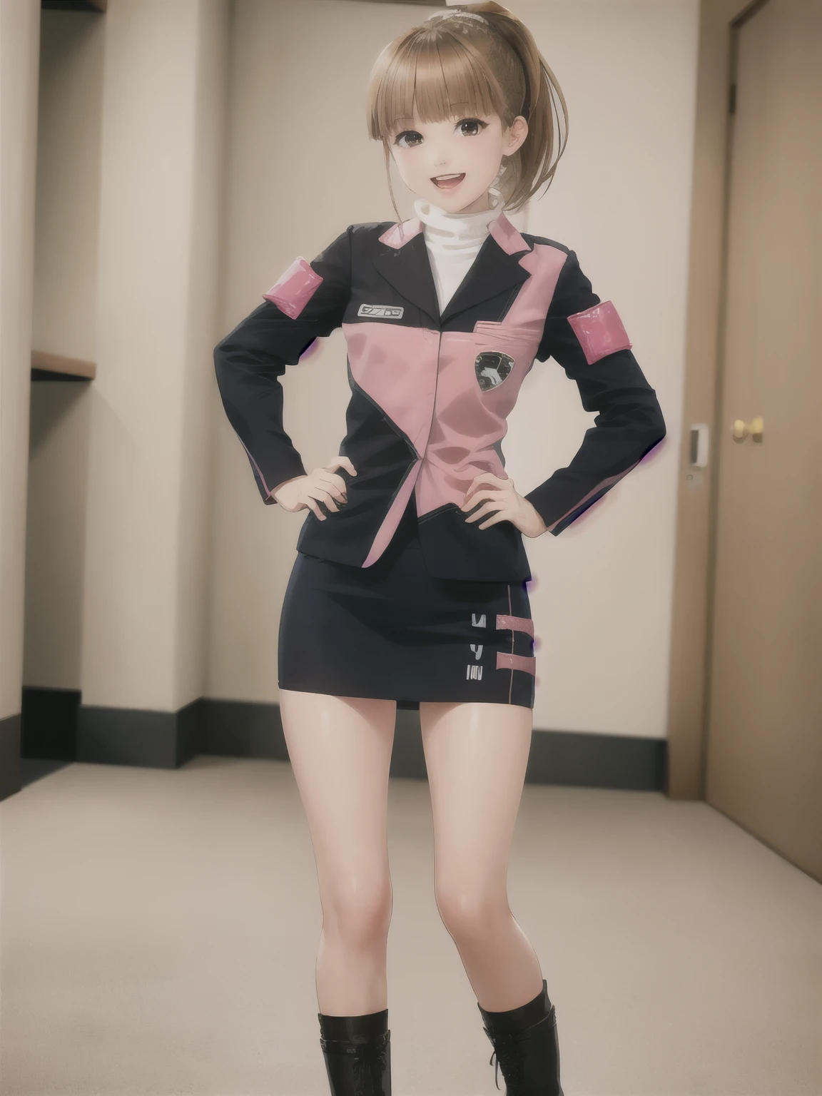 ((masterpiece,highest quality)) (Highly detailed CG), (Ray Tracing) (highest quality), Perfect Face, Shiny skin, Shiny skin, , Depth of written boundary,Wide Hips, Tight waist,  Umeko, Brown Hair, skirt, ponytail, Jacket, boots, pencil skirt, uniform, Brown eyes, Long sleeve, short hair, Black footwear, star (symbol), blush, bangs, Armband,indoor,Hands on hips, :d