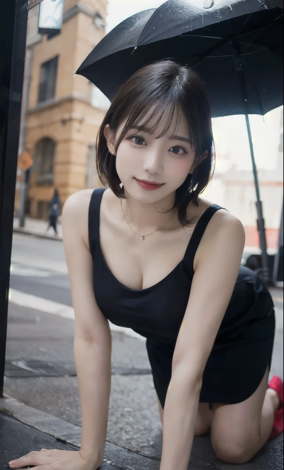 (woman in swimsuit), wearing huge diamond necklace, straddling a black YH motorcycle on a city street, posing for a photo, very small breasts, long legs, very detailed, (big warm smile), (black bob cut)