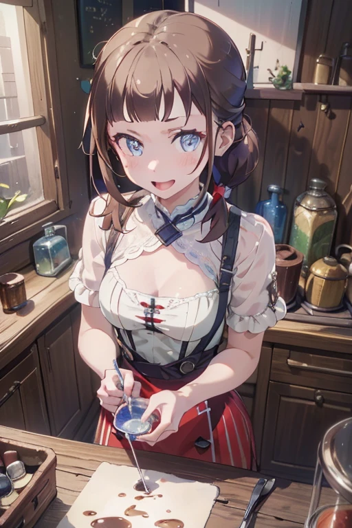 (from above:1.2) (highest quality:1.5),(8k,masterpiece, top quality, best quality,beautiful and aesthetic:1.2,professional illustrasion:1.1,ultra detail:1.3,perfect lighting),extremely detailed,highest detailed,incredibly absurdres , highres, ultra detailed,intricate:1.3,(Alchemy Workshop:1.4),A girl mixing,Medicine in many small bottles,colorful:1.4,zentangle,(1girl),(highly detailed beautiful face and eyes,firm breasts),real skin,((brown hair,long pony tail hair)),thin pubic hair:1.3,cute,lovely,17 years old,making a cooking, alchemist costume,smile,in the kitchen,smile,seductive weak smiling,(with sparkling eyes and a contagious smile),open mouth, Looking at Viewer,