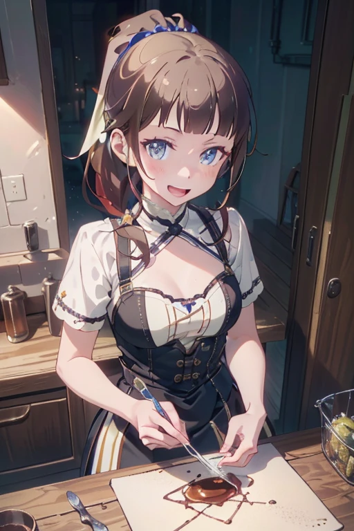 (from above:1.2) (highest quality:1.5),(8k,masterpiece, top quality, best quality,beautiful and aesthetic:1.2,professional illustrasion:1.1,ultra detail:1.3,perfect lighting),extremely detailed,highest detailed,incredibly absurdres , highres, ultra detailed,intricate:1.3,(Alchemy Workshop:1.4),A girl mixing,Medicine in many small bottles,colorful:1.4,zentangle,(1girl),(highly detailed beautiful face and eyes,firm breasts),real skin,((brown hair,long pony tail hair)),thin pubic hair:1.3,cute,lovely,17 years old, learning a cook, alchemist costume,smile,in the kitchen,smile,seductive weak smiling,(with sparkling eyes and a contagious smile),open mouth, Looking at Viewer,