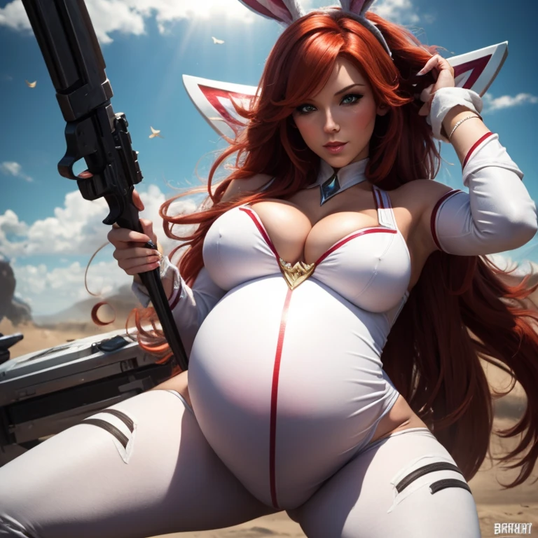  pregnant battle bunny miss Fortune, tight white bodysuit, red hair, cleavage, wants to have sex with me 